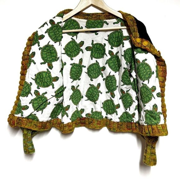 Handmade Cropped Mixed Media Boho Corduroy Crochet Sleeve Turtle Lined Jacket S - Picture 5 of 5